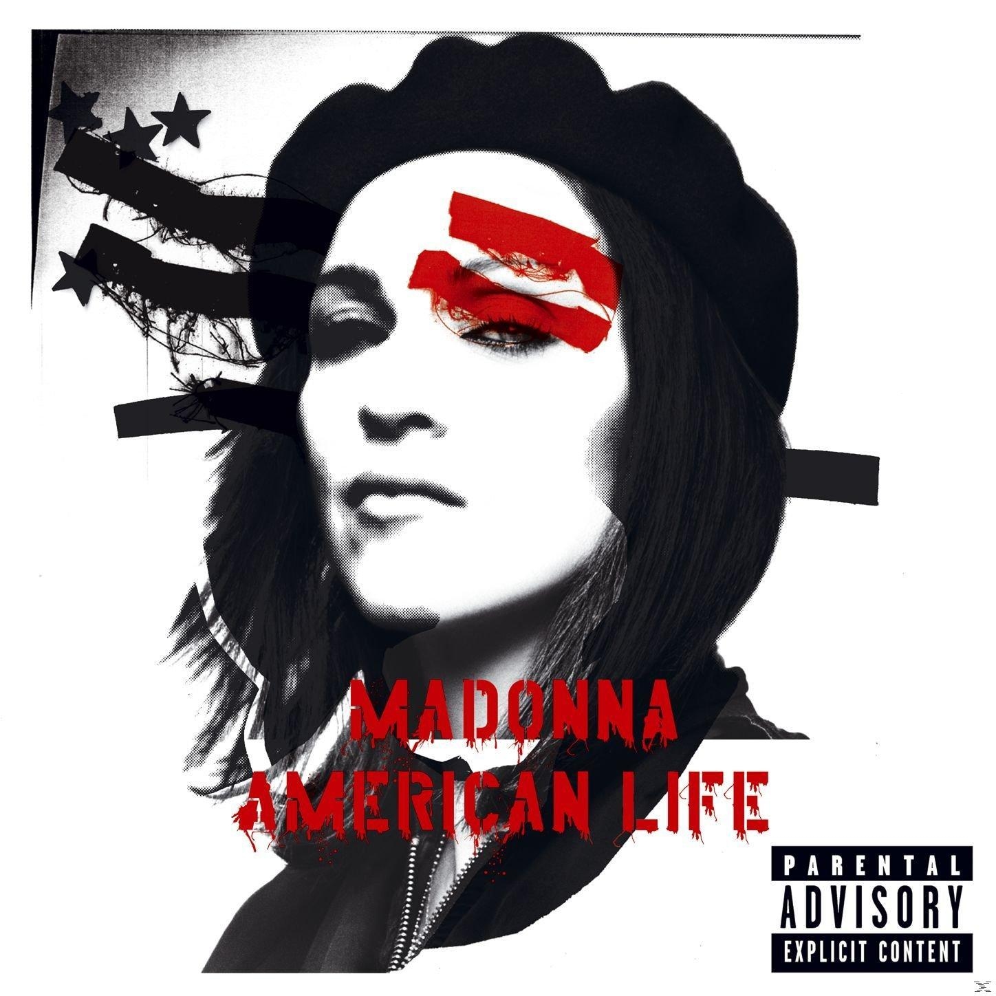 Madonna 'American Life' album borítója, portré piros és fekete kiemeléssel.