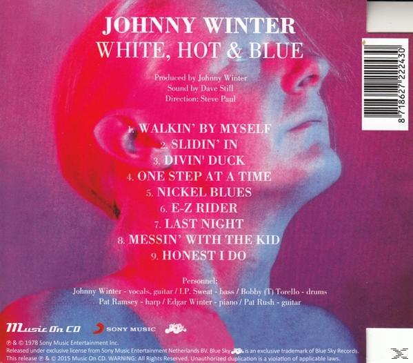 Albumcover, Johnny Winter, White, Hot & Blue, mit Titelliste und Künstlerfoto.