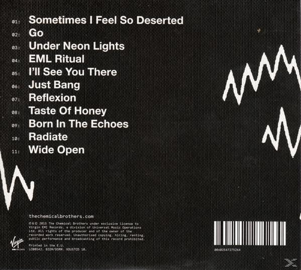 Album hátlap. Szöveg fekete háttéren. Fehér cikk-cakk vonalak. The Chemical Brothers.