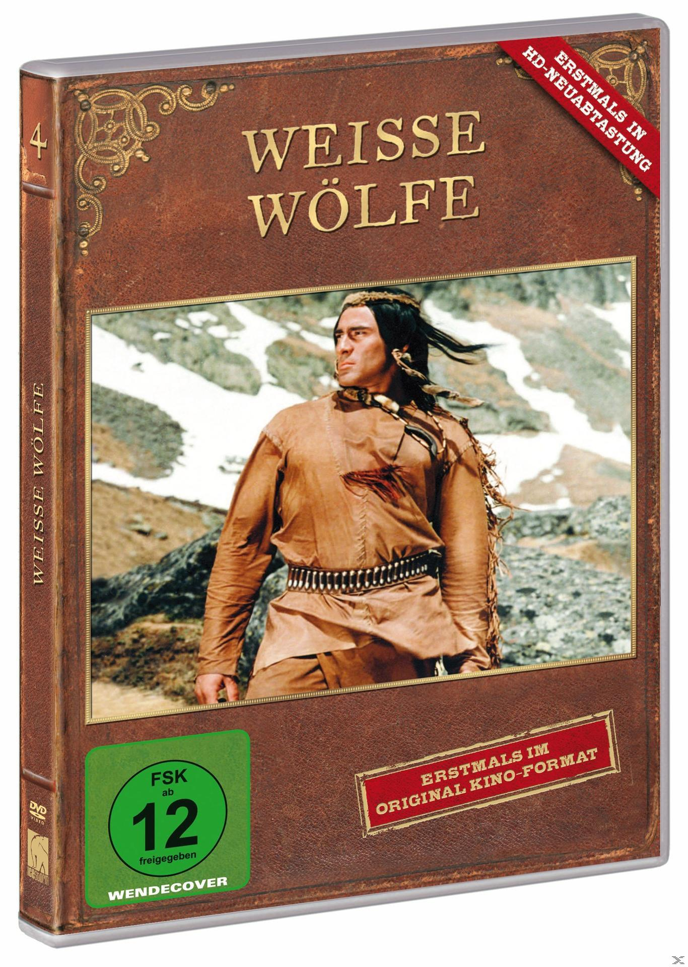 DVD-Hülle von 'Weisse Wölfe'. Ein Mann in indianischer Tracht steht vor einer Bergkulisse.