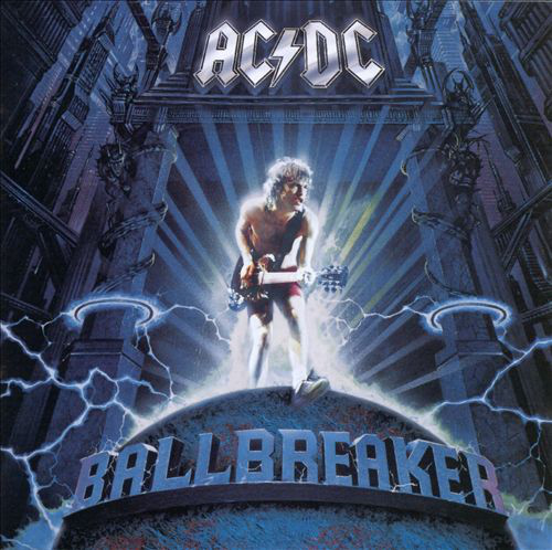 AC/DC album borító, egy gitáros férfi villámokkal, 'Ballbreaker'.
