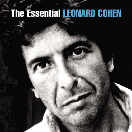 Album borító: Leonard Cohen, fekete-fehér, felirat: 'The Essential Leonard Cohen', kék betűkkel.