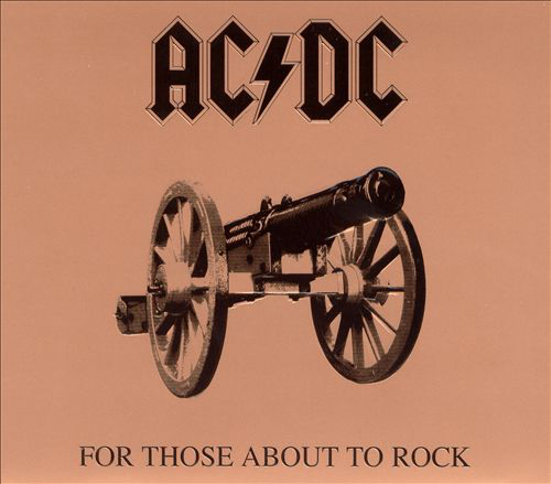 AC/DC album borító ágyúval, szöveggel és logóval bézs háttéren. Az ágyú a fő elem.