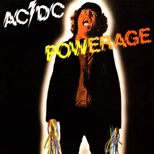 AC/DC Powerage album borító. Fekete dzsekis férfi, sikít. Vezetékek.
