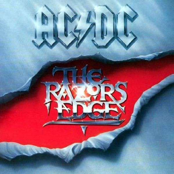 AC/DC album borító, logó felül, 'The Razor's Edge' cím, szakadt piros háttérrel.