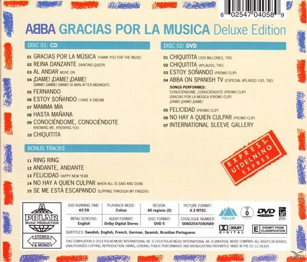 Rückseite eines ABBA-Albums. Es enthält Titellisten, Credits und einen roten 'Express'-Aufkleber.
