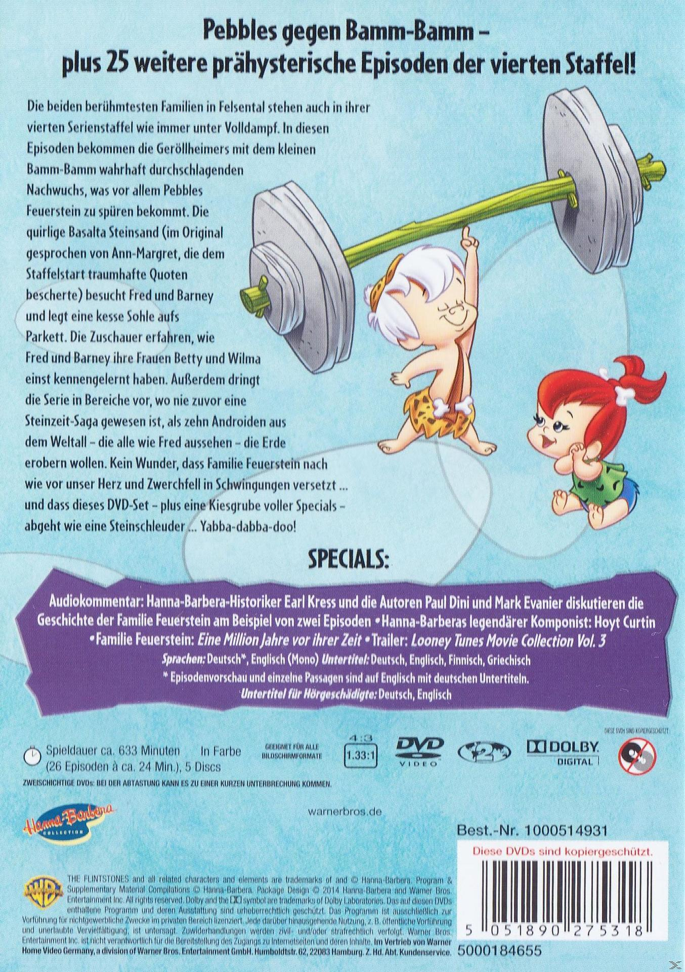 Pebbles und Bam-Bam DVD-Cover, Cartoon-Figuren heben Gewichte. Text auf Deutsch.