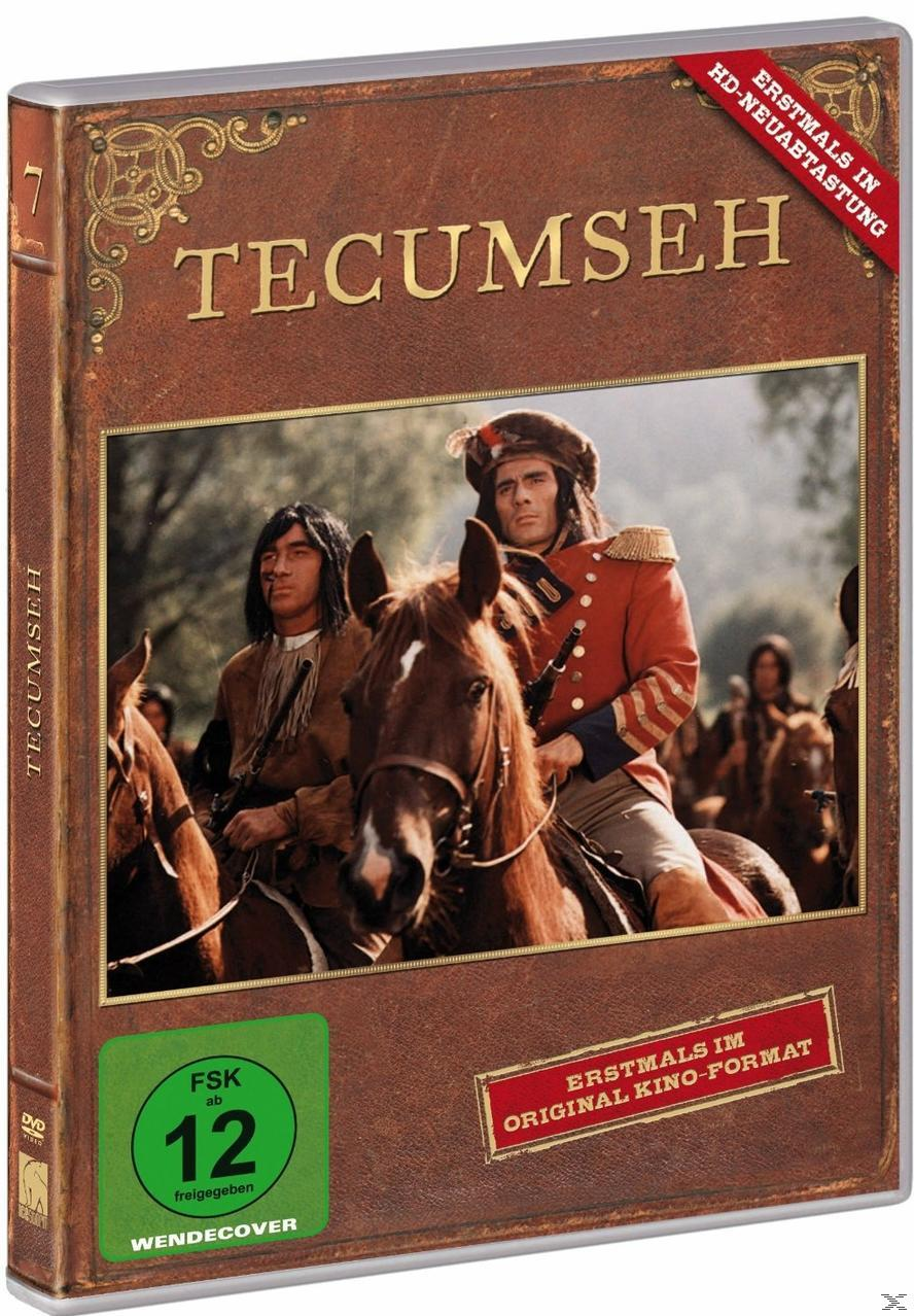 DVD-Cover, braune Lederstruktur, Filmtitel 'Tecumseh', zwei Männer auf Pferden, Hintergrund von Leuten.