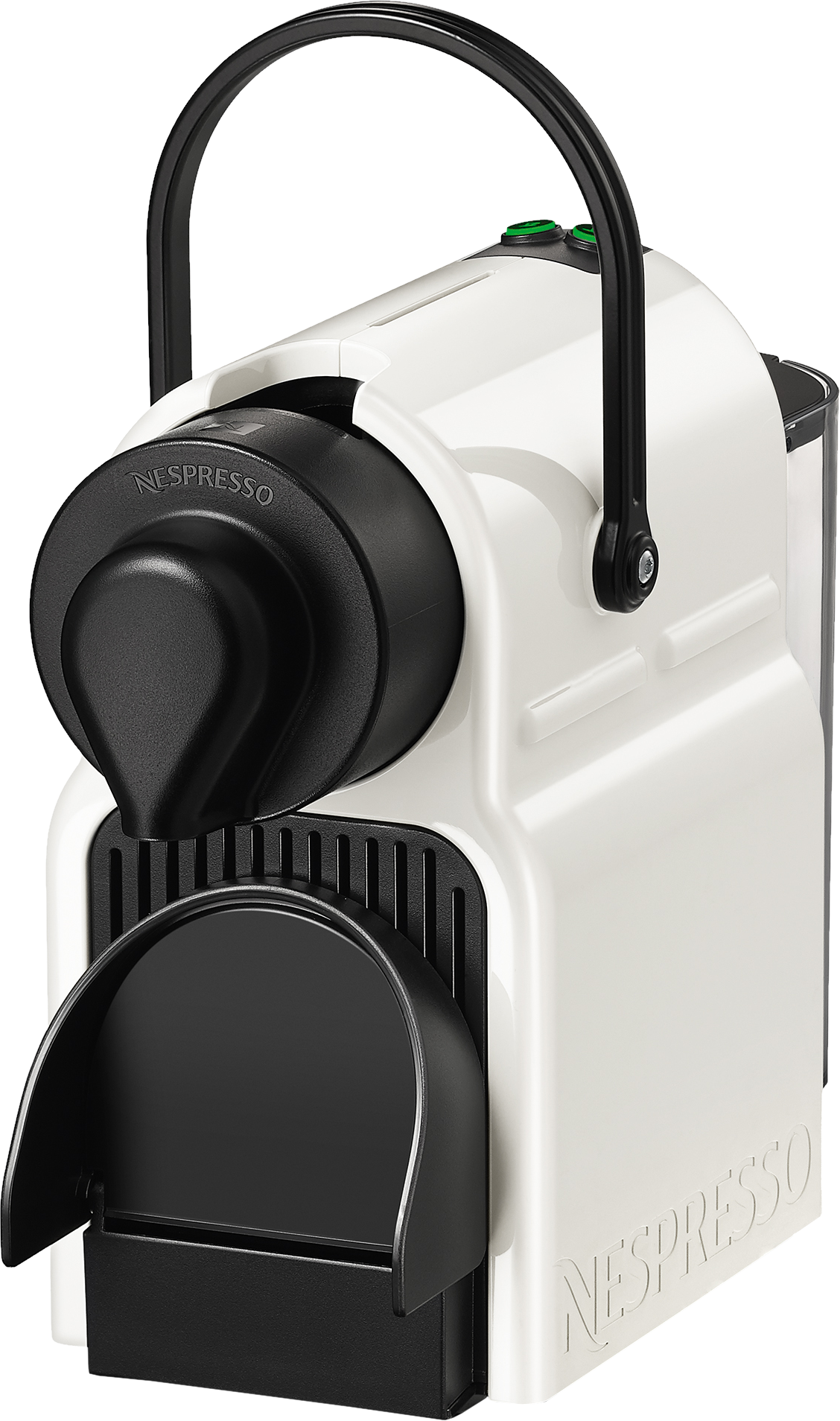 Fehér Nespresso kávéfőző fekete részletekkel, oldalnézetből.