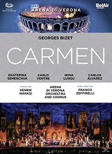 Opernplakat, Arena di Verona, Carmen-Operntitel, Darsteller, Bühne und Himmel.