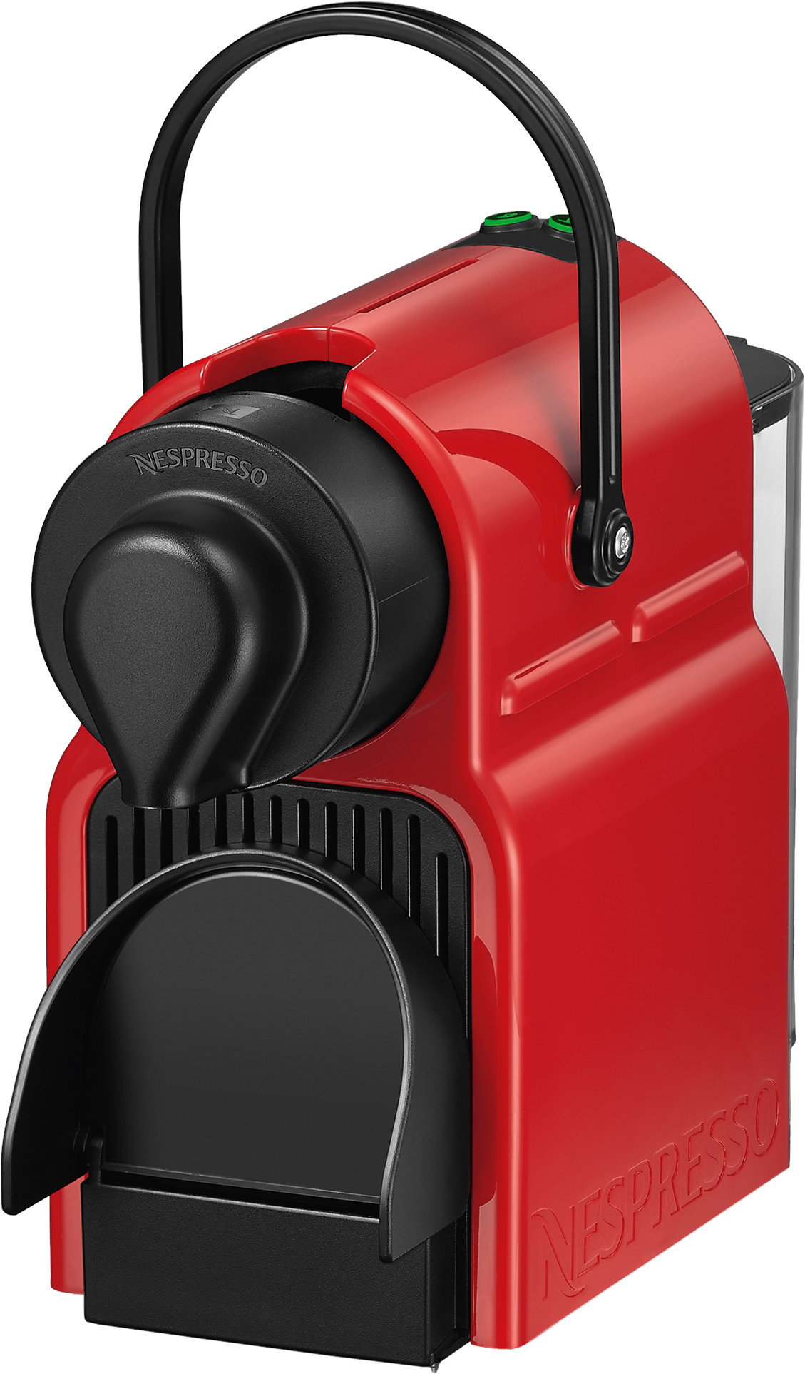 Piros Nespresso kávéfőző, fekete fogantyú és fekete fúvóka.