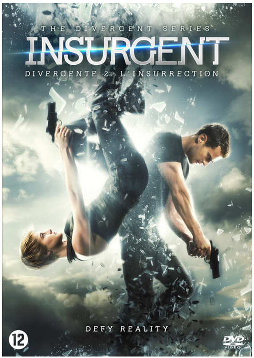 Divergent Serie: Insurgent DVD-hoes, acteurs in dynamische pose, wapens en tekst.