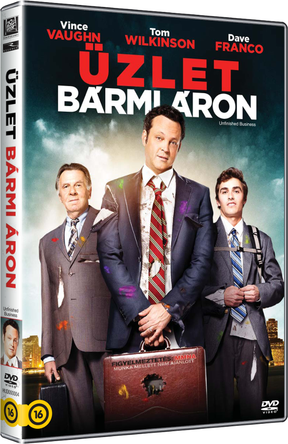 'Unfinished Business' című film DVD-borítója. Három öltönyös férfi áll egy városi látkép előtt.