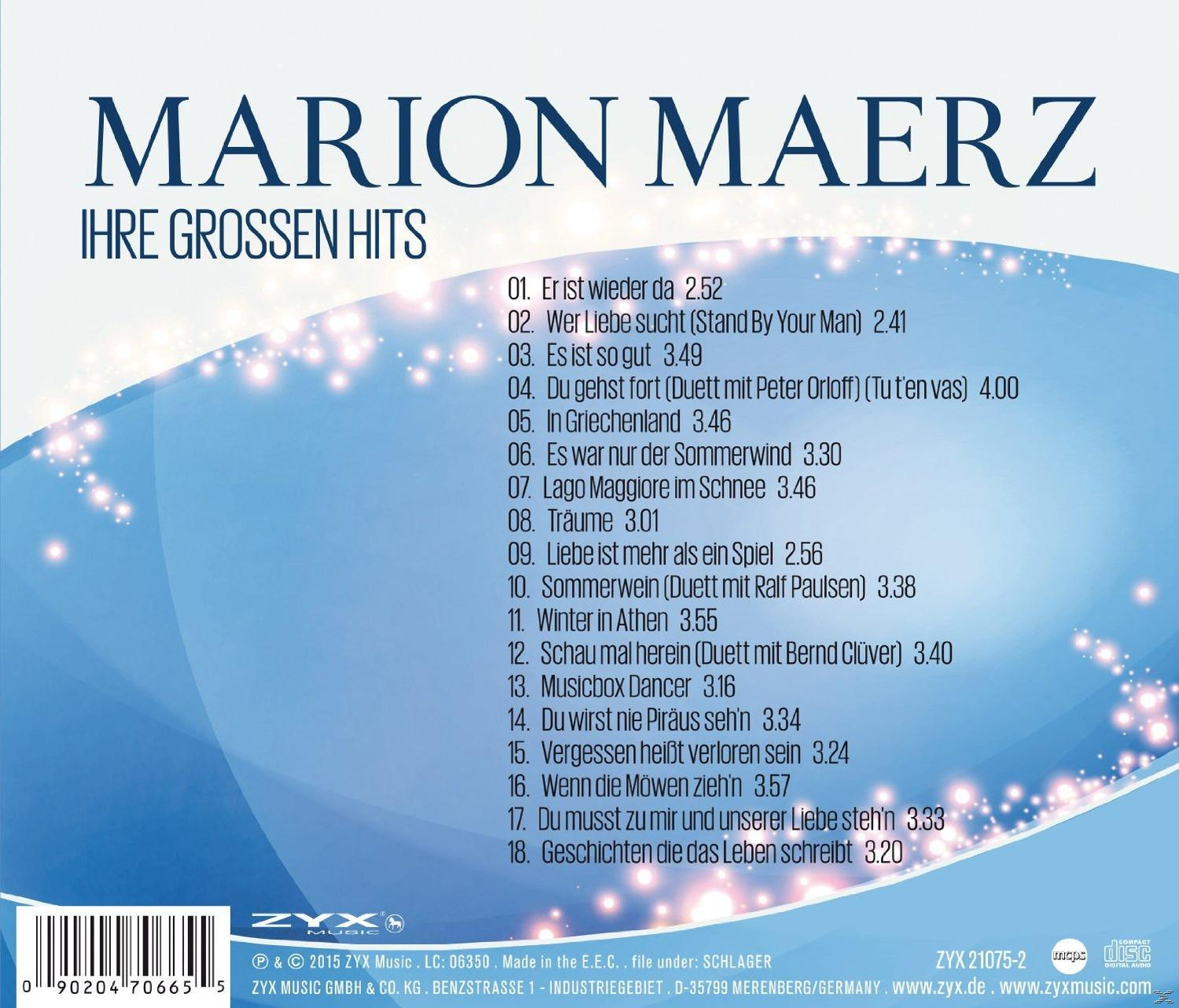 CD-Cover für Marion Maerz mit dem Titel 'Ihre grossen Hits'. Es hat einen blau-weiß-goldenen Hintergrund.