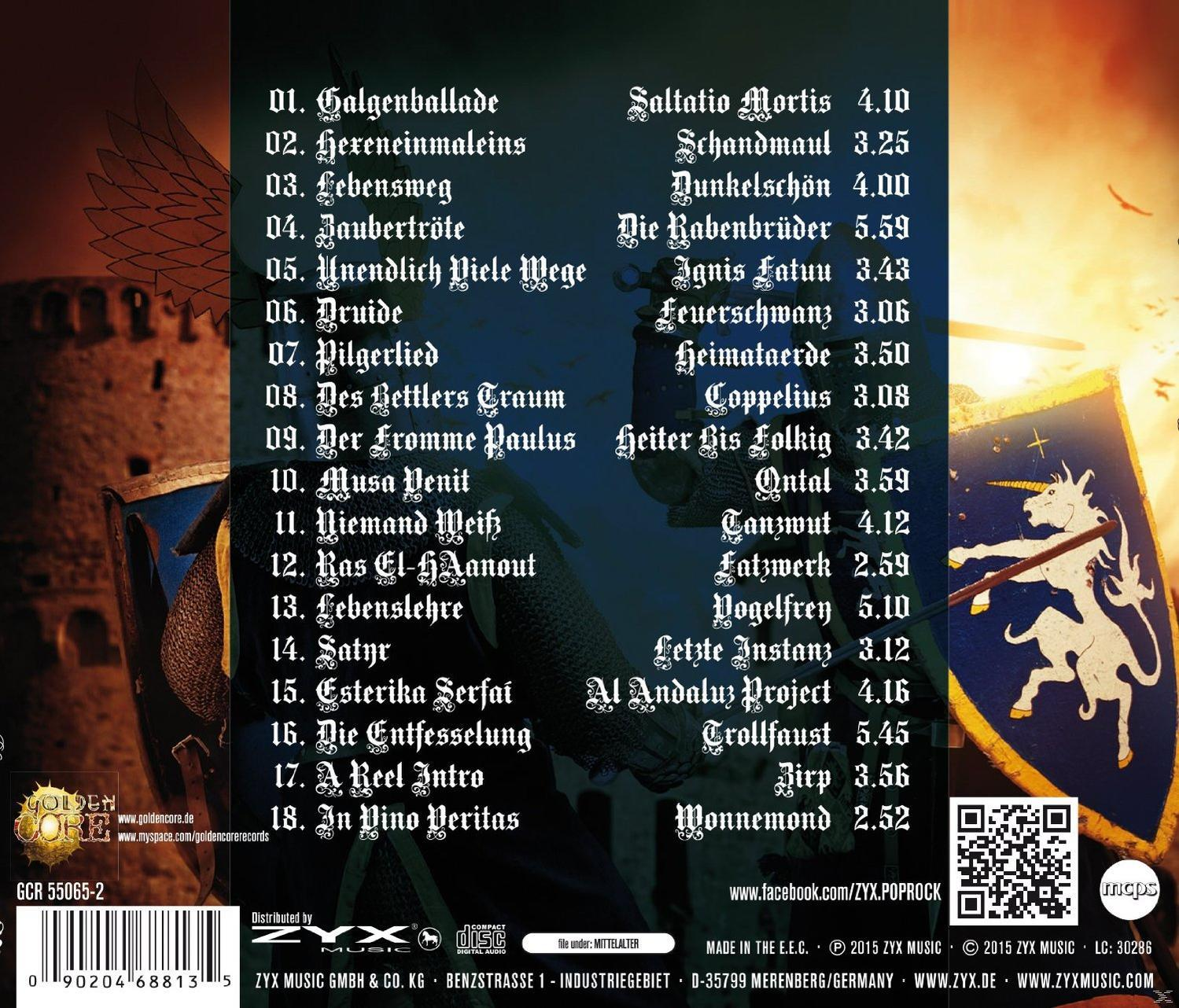 CD-Cover mit deutschem Text, einem Schild mit Ritter und einer Burgillustration. Text listet Songtitel auf.