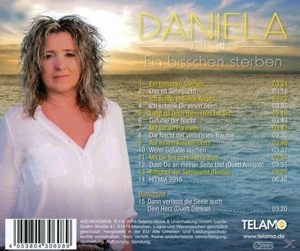Daniela Alfinito Albumcover mit Foto der Künstlerin und Songtiteln.