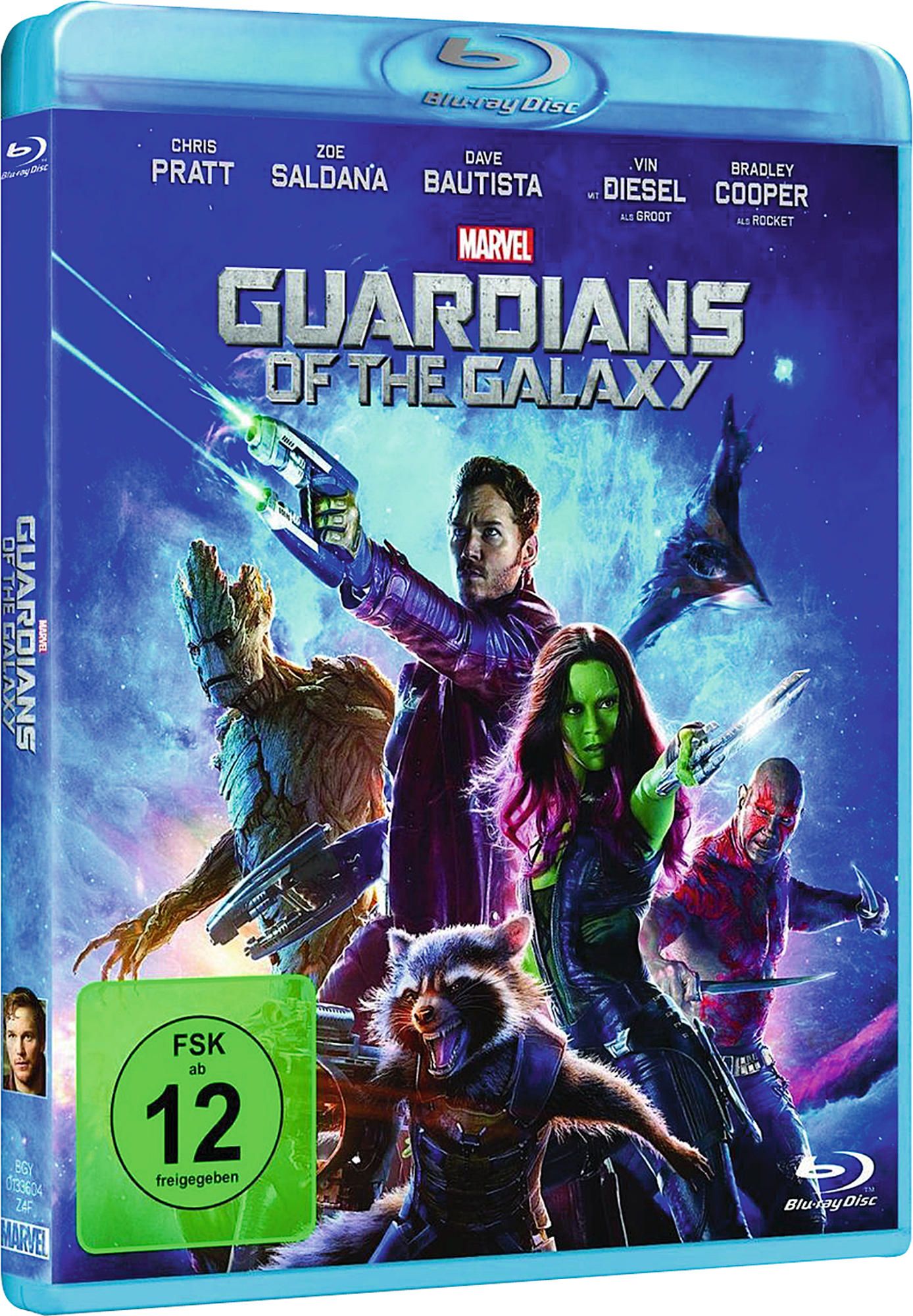Filmcover: 'Guardians of the Galaxy' mit Chris Pratt und anderen. Blau- und Lilatöne. Action-Szene.