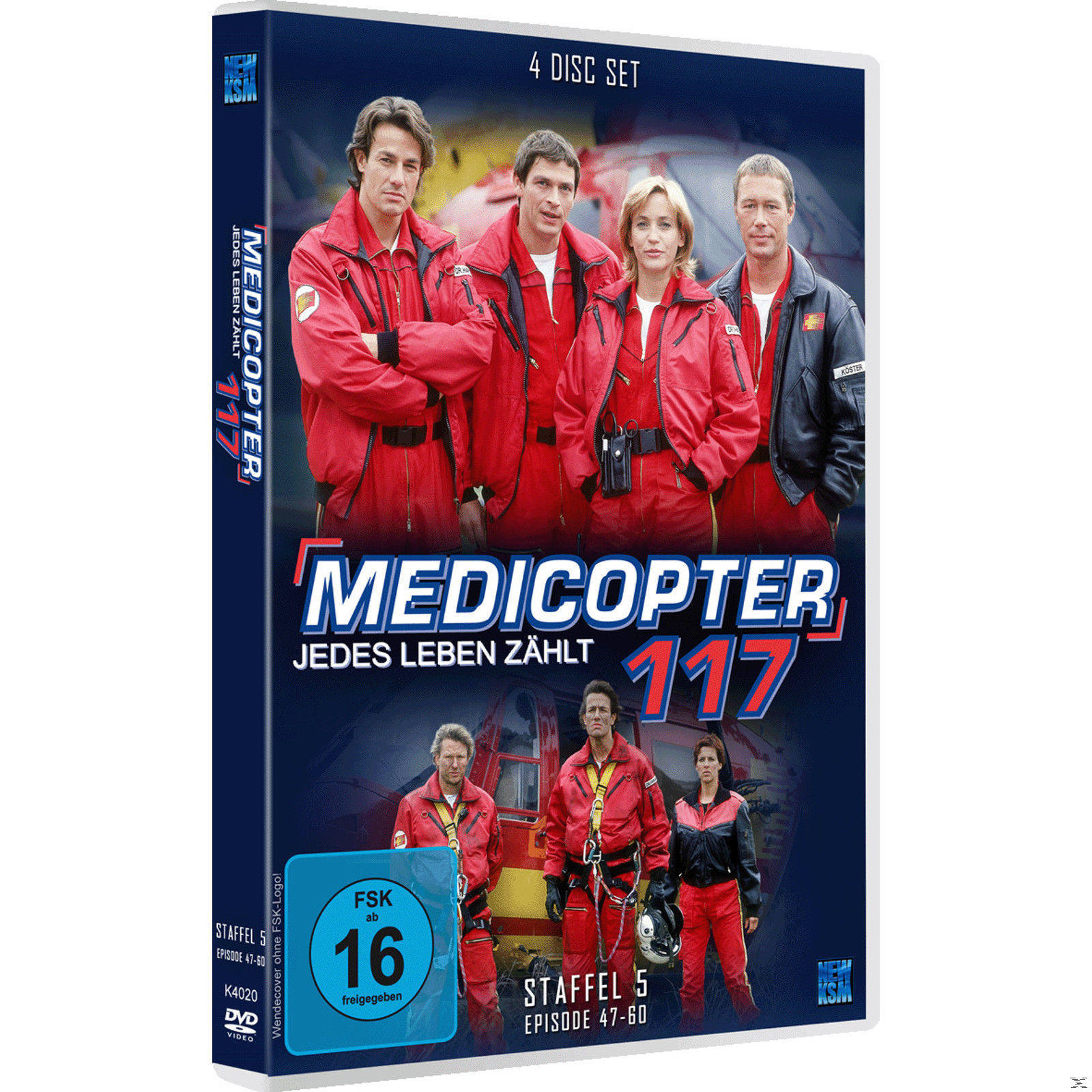 DVD-Cover von Medicopter 117. Vier Personen in roten Anzügen stehen vor einem Hubschrauber.