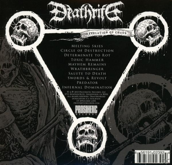 Albumcover für 'Deathrite', mit Totenköpfen und Text auf dunklem Hintergrund mit einem Dreieck-Design.