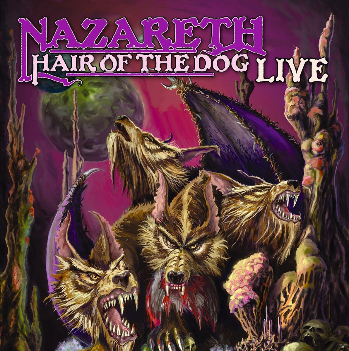 Albumcover: Knurrende Wölfe. Text: Nazareth, Hair of the Dog Live, violetter Hintergrund, Planet.