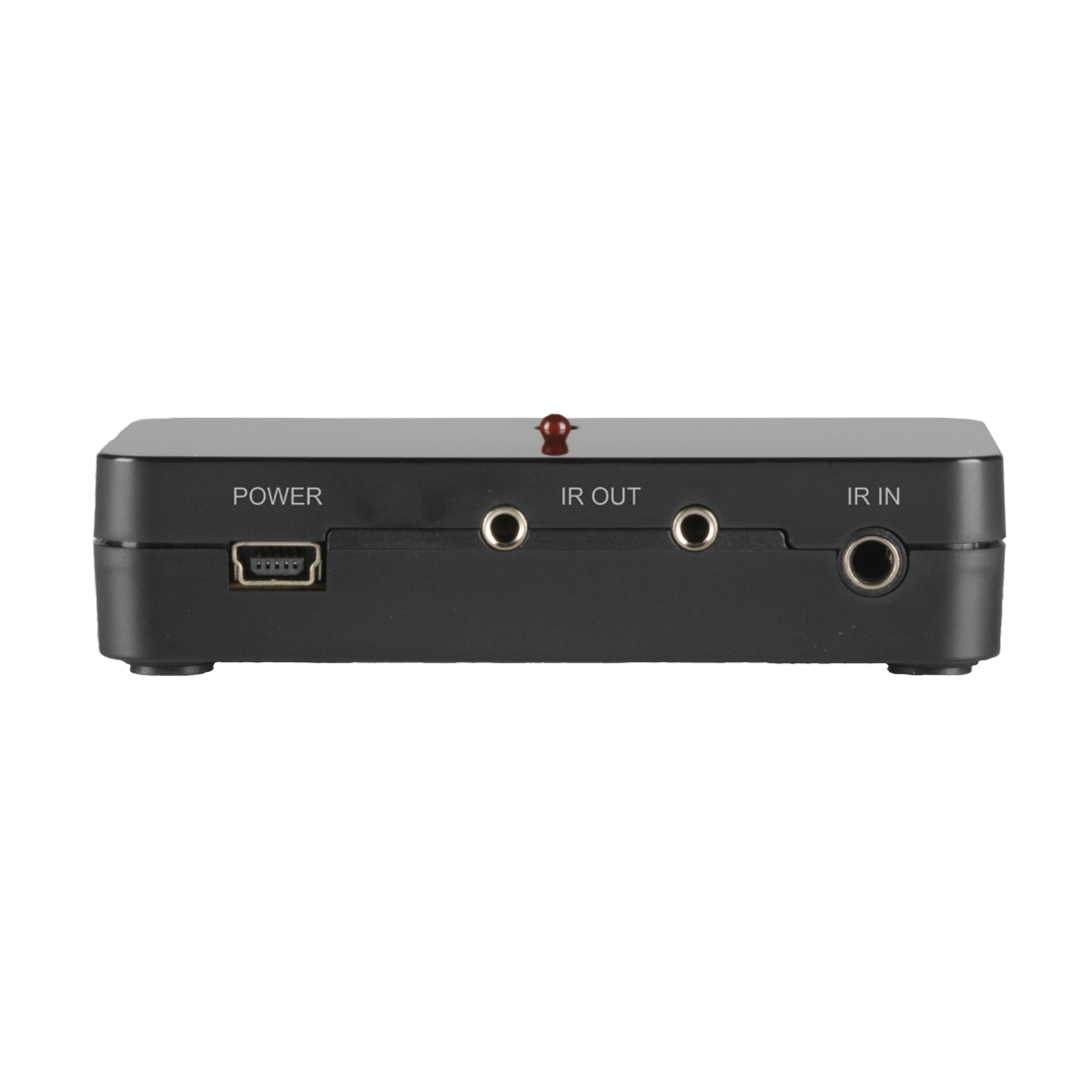Black electronic device, multiple ports, red light on top.