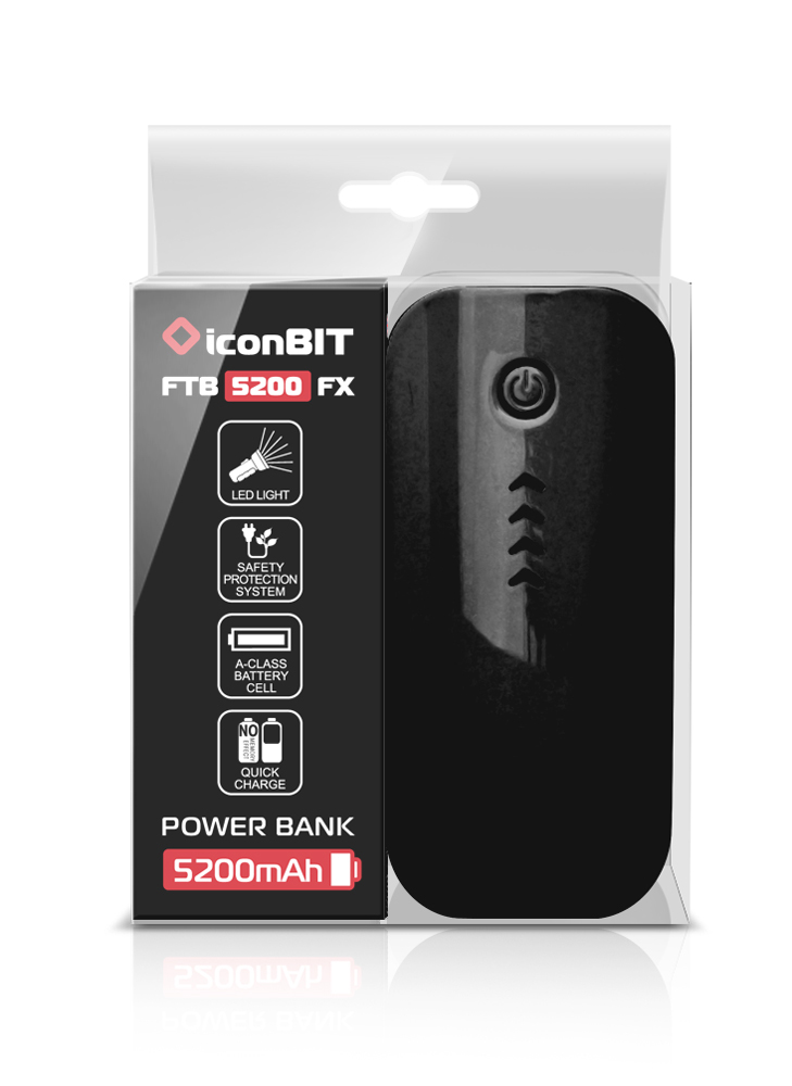 Schwarze Powerbank mit weißer Box. Die Box zeigt Schlüsselfunktionen und Produktnamen.