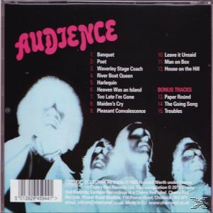 CD-Rückseite: Audience. Weiße Gesichter, pinkfarbener Text, Trackliste. Bandmitglieder im Hintergrund.