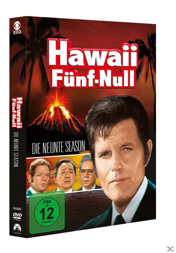 Hawaii Five-0 DVD-Box. Das Gesicht eines Mannes dominiert, Vulkan und Palmen im Hintergrund.