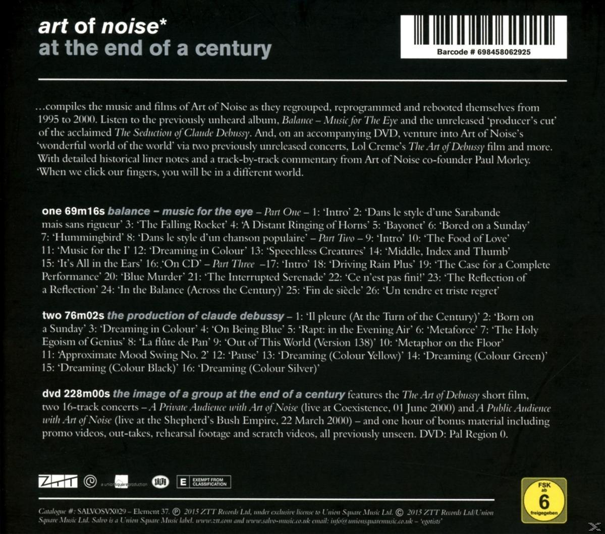 Albumcover für 'Art of Noise' am Ende eines Jahrhunderts. Enthält Text und einen Barcode.