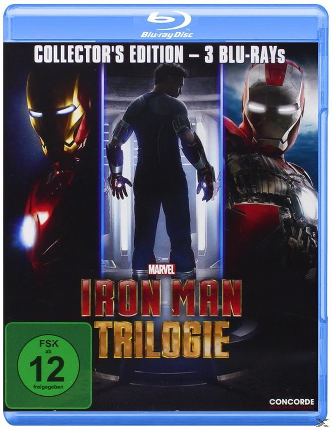 Blu-ray-Box-Art für die 'Iron Man'-Trilogie, mit der Figur in verschiedenen Posen.