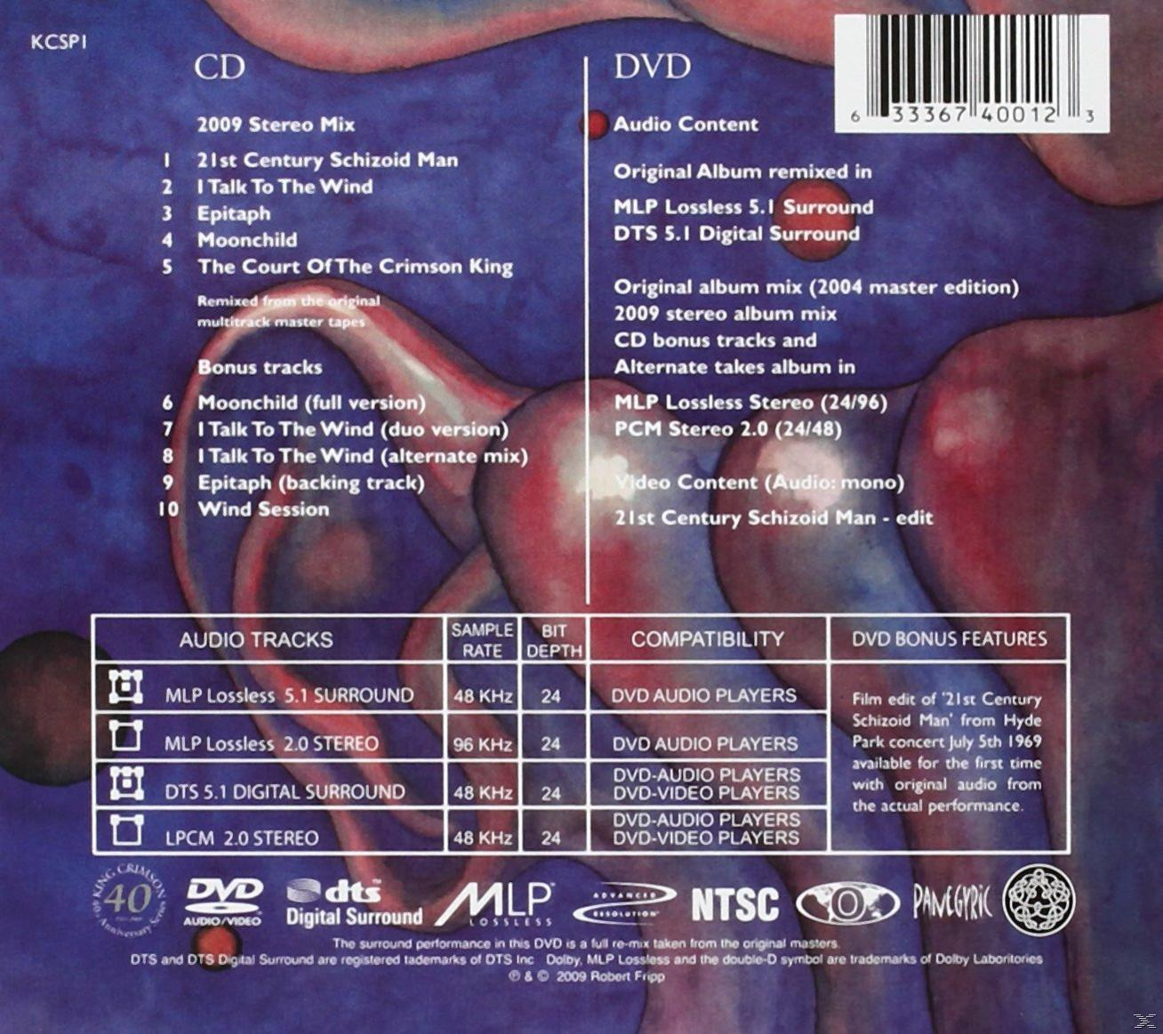 CD- und DVD-Inhaltsdetails mit Audio- und Videospezifikationen. Textlastig, mit einem Logo.