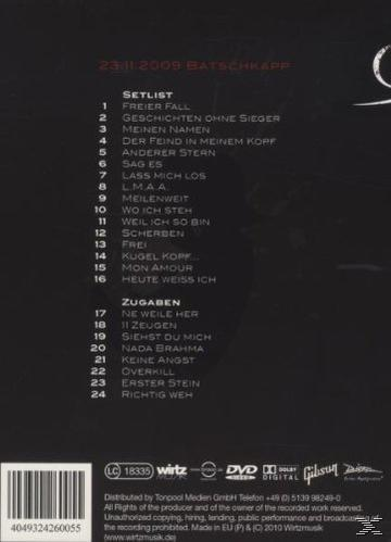 DVD-Hülle mit Setlist eines Konzerts. Dunkler Hintergrund.