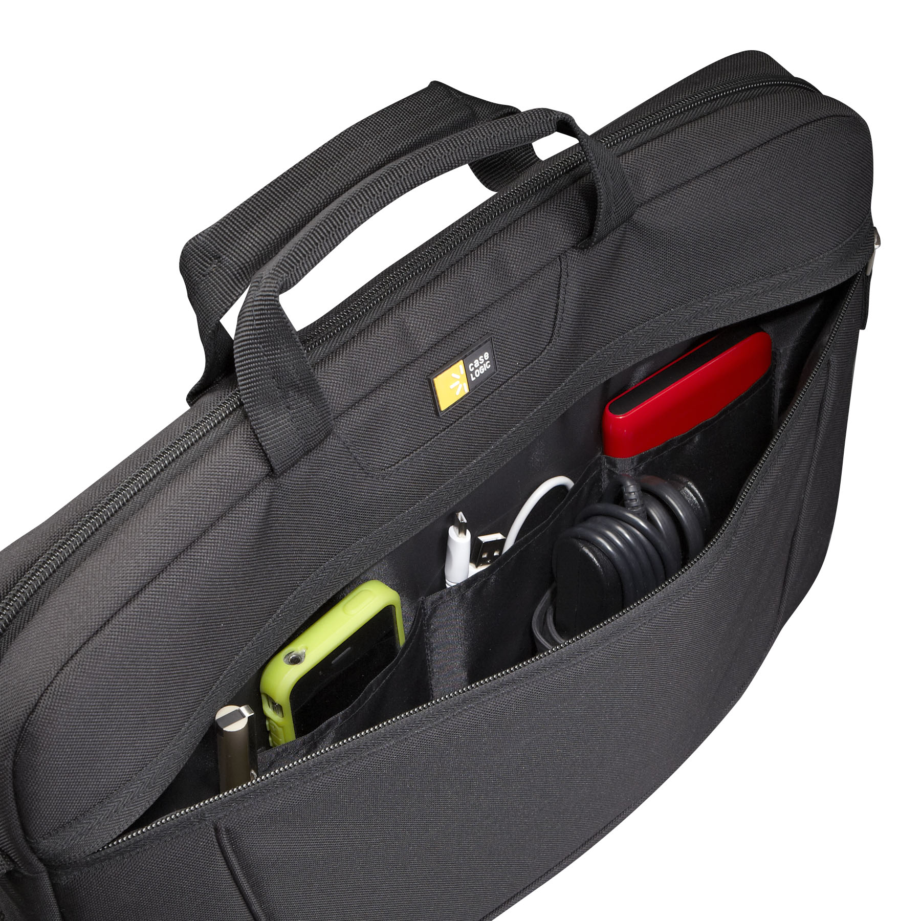 Black laptop bag open, showing compartments with a green phone, a black cable, and a red object.