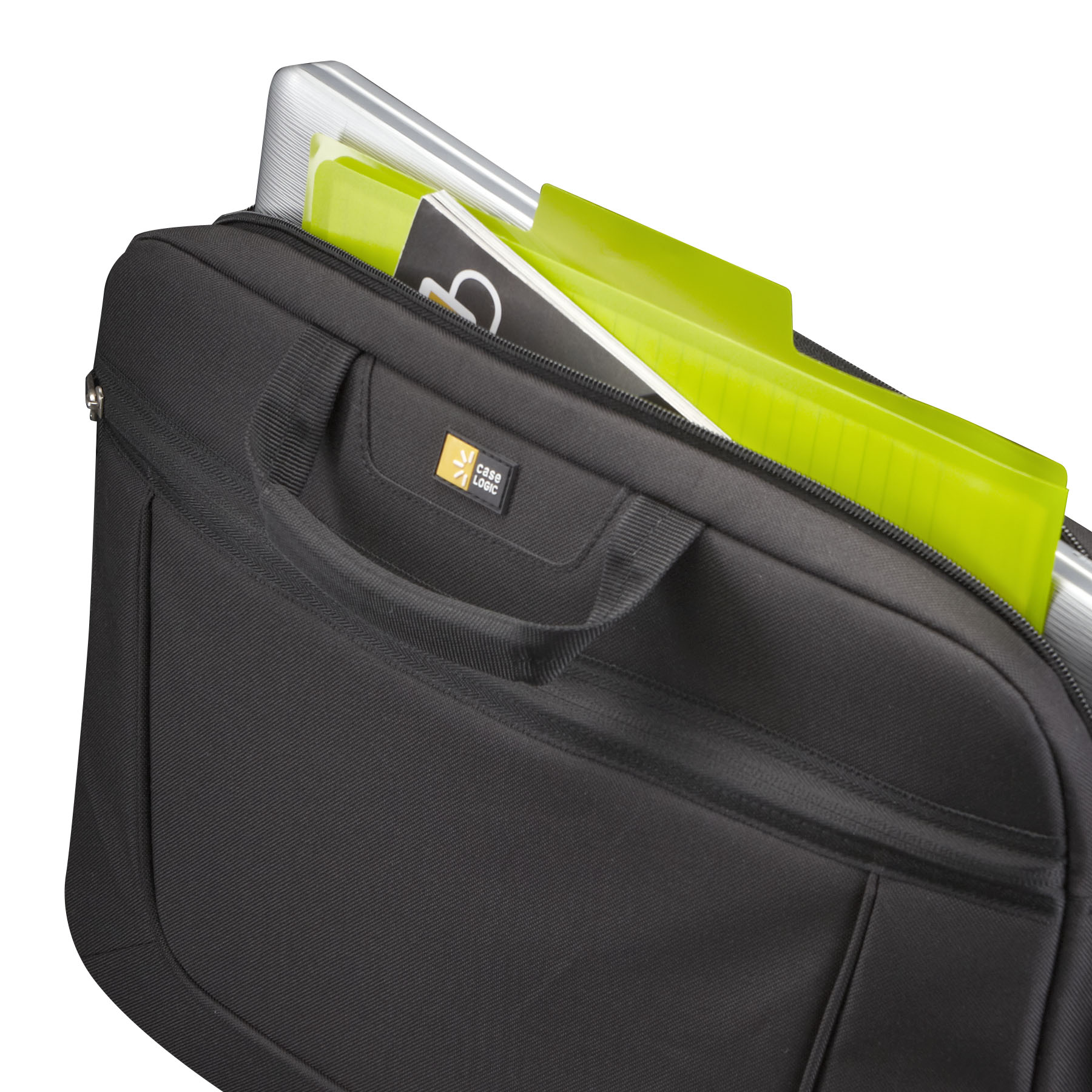 Black briefcase, partially open, with green file folders and documents inside. A case logo is visible.