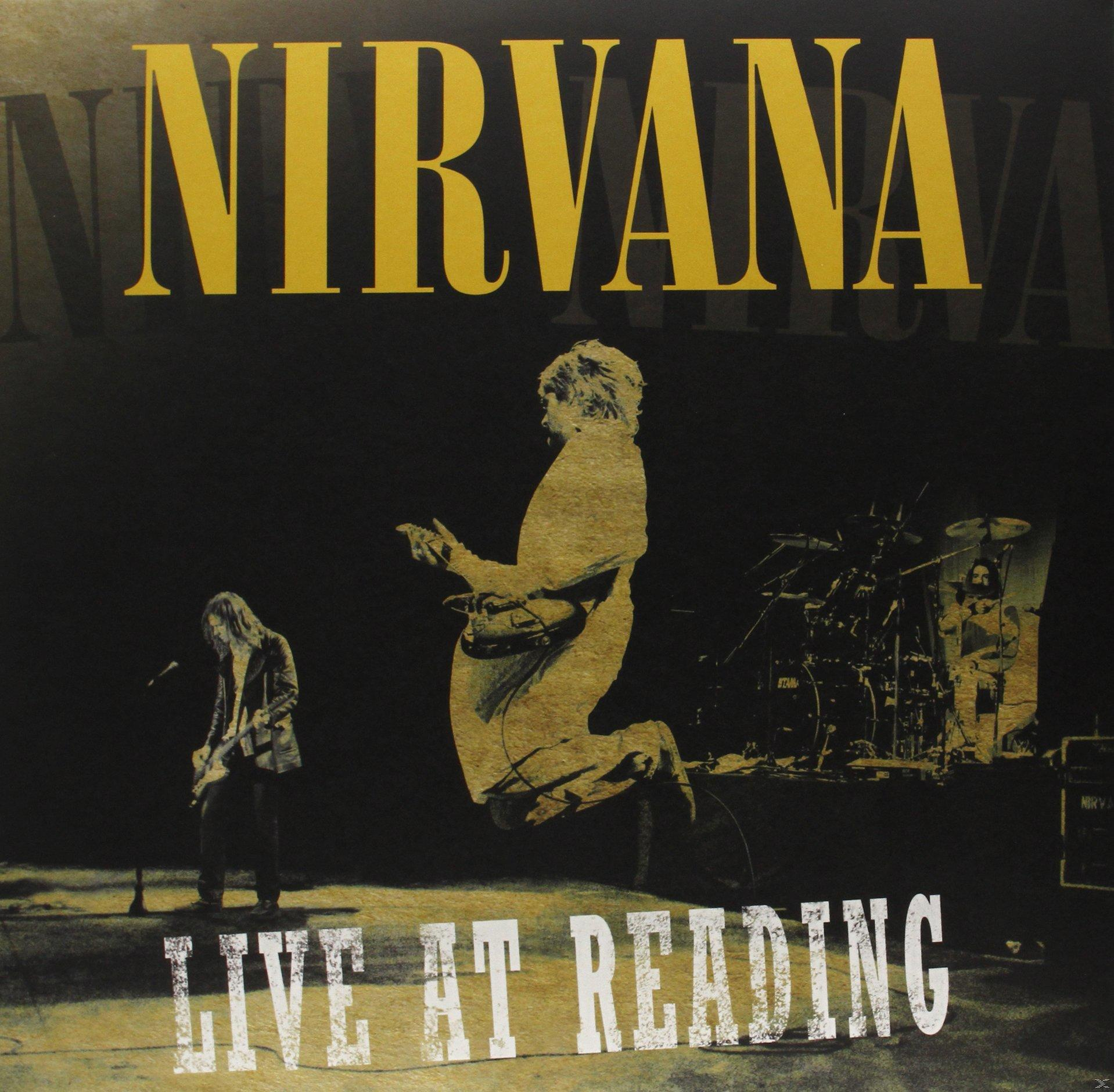 Nirvana-Albumcover: Live-Performance mit einer schattierten Figur, die Gitarre spielt, Bandname in Gelb.