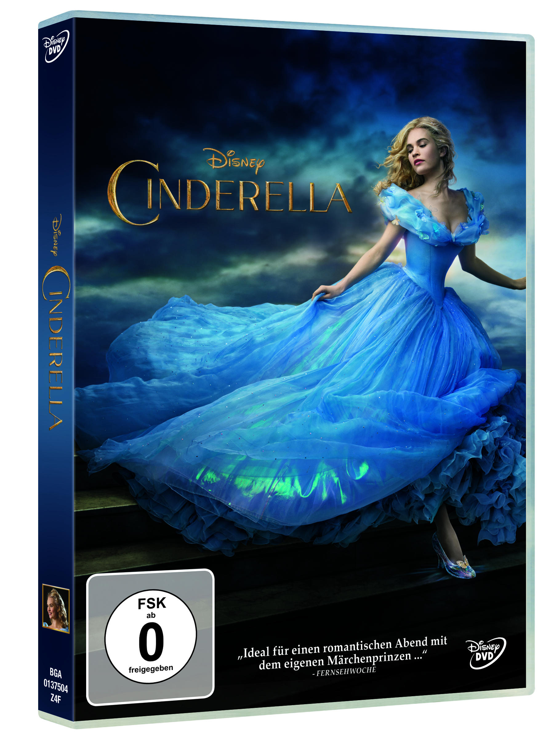 DVD-Cover für 'Cinderella' mit einer Frau in einem blauen Kleid und einem Märchenhintergrund.