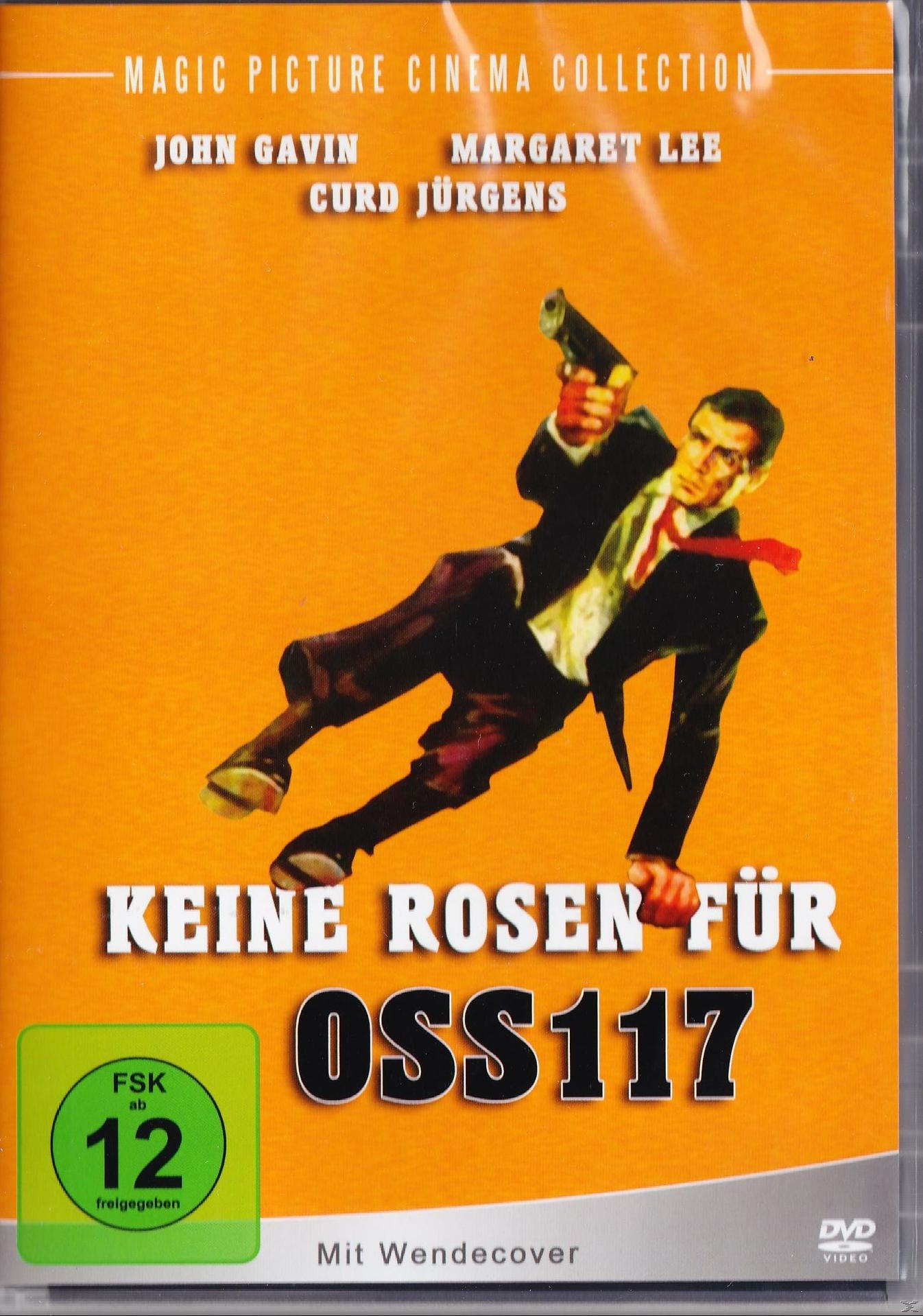 DVD-Cover von "Keine Rosen für OSS117". Mann im Anzug zielt mit einer Waffe vor orangefarbenem Hintergrund. Filmtitel und Schauspieler sind aufgeführt.