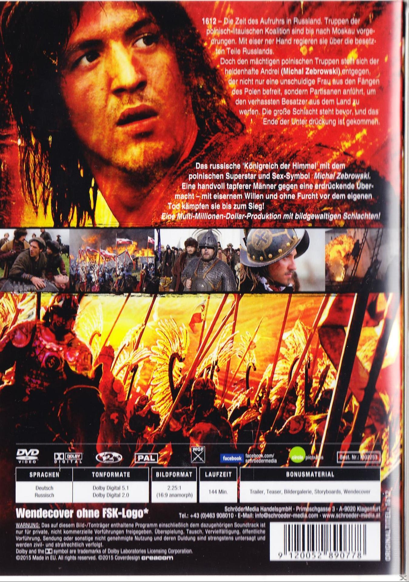 DVD-Cover mit einem Mann, der nach oben schaut, einer Kampfszene im Hintergrund und Text auf Deutsch.