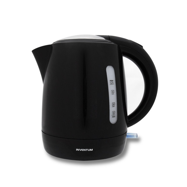 A black electric kettle. It has a handle and a water level indicator on the side.