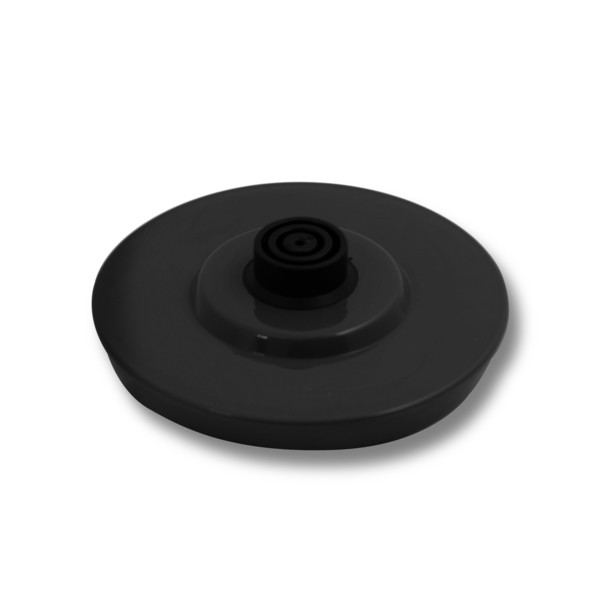 Black lid with a circular design on a white background. Center has a black, rounded cylinder.