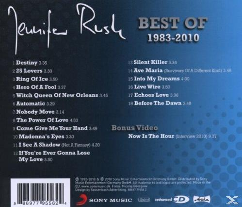 CD-Cover: Jennifer Rush, Best of 1983-2010, Titelliste und Albumdetails.