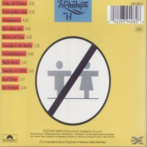 Rückseite einer CD-Hülle, weiße und gelbe Farben, mit Text und einem Verbotszeichen.