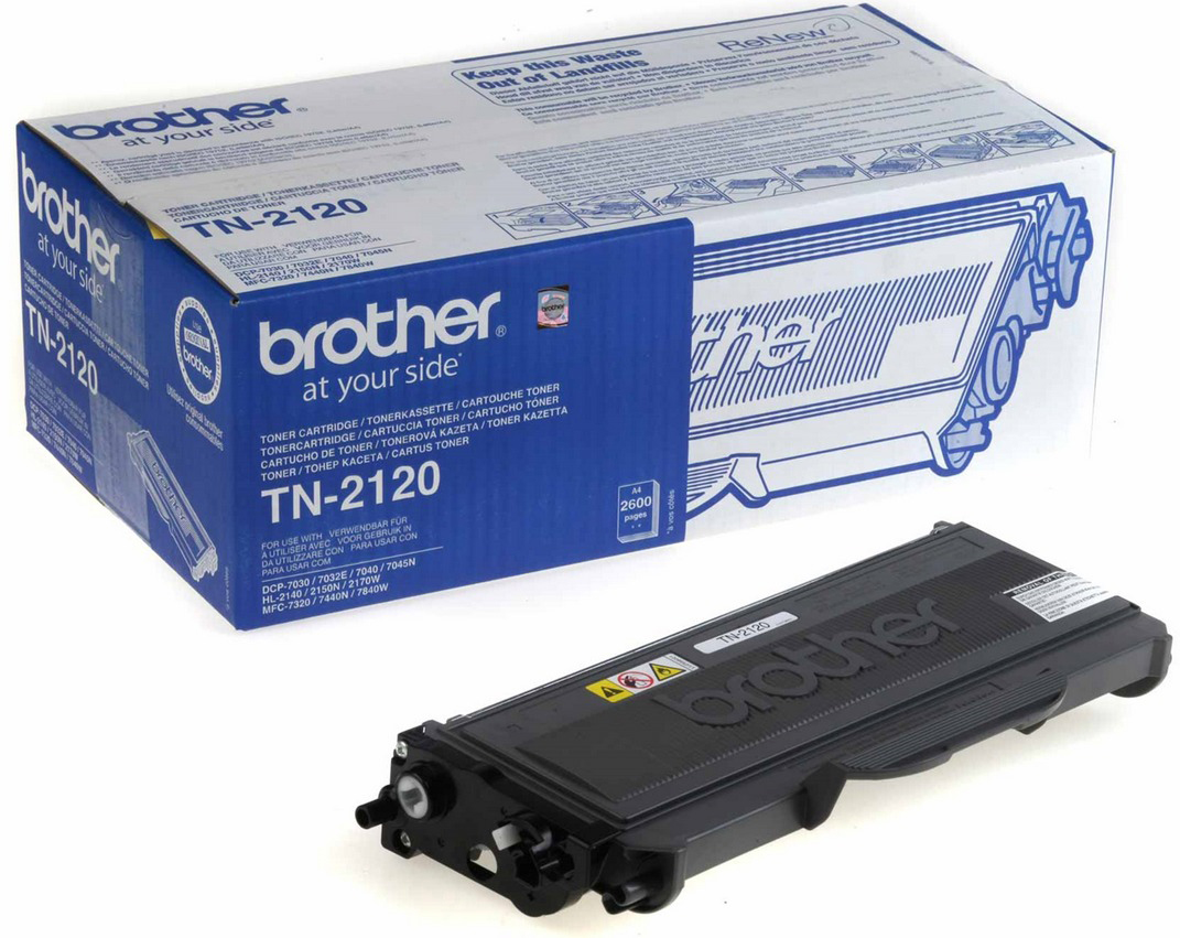 Cartouche de toner et boîte Brother TN-2120. La boîte a un design blanc et bleu.