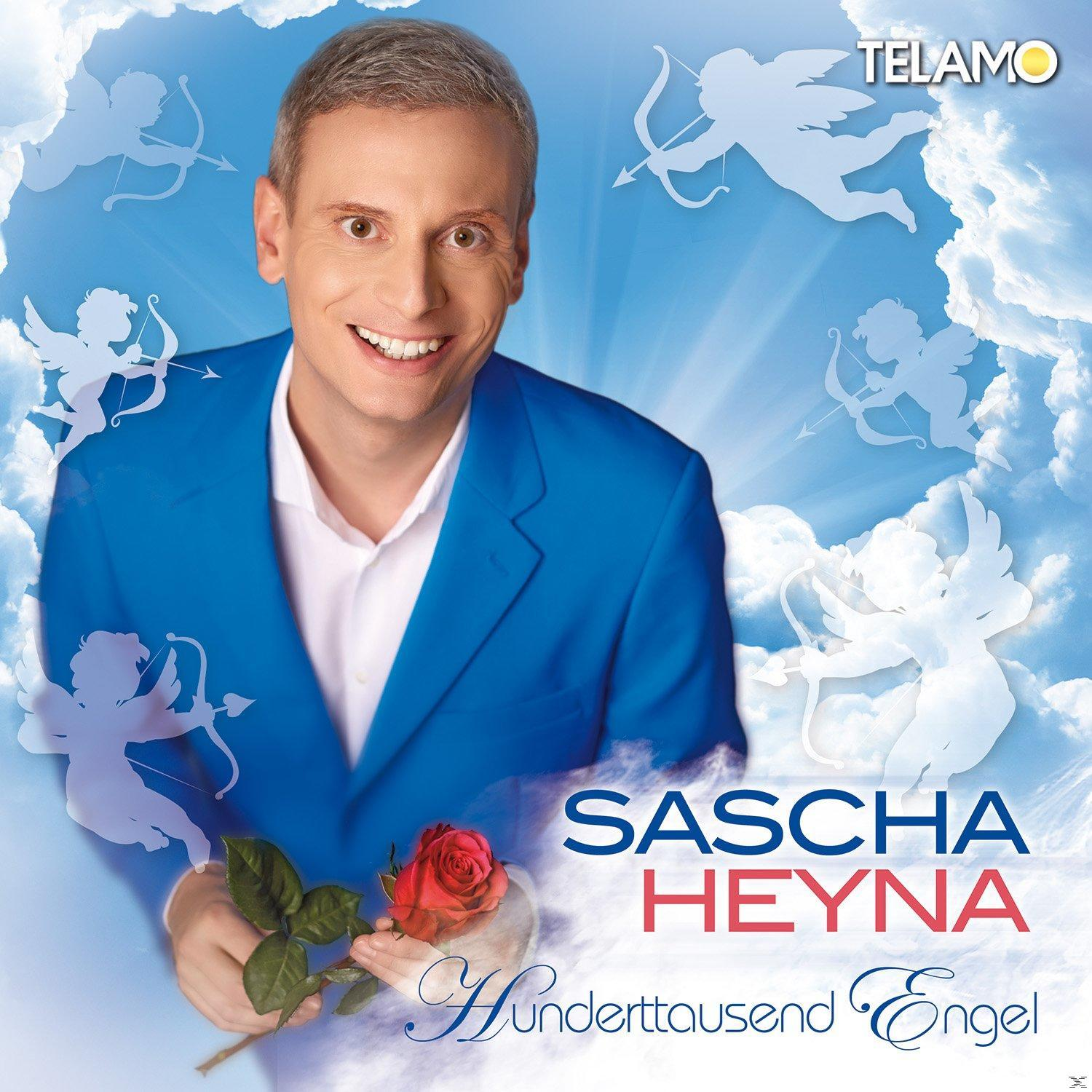 Albumcover mit Sascha Heyna, der eine rote Rose hält. Blauer Anzug, Wolken und Engelsfiguren im Hintergrund.