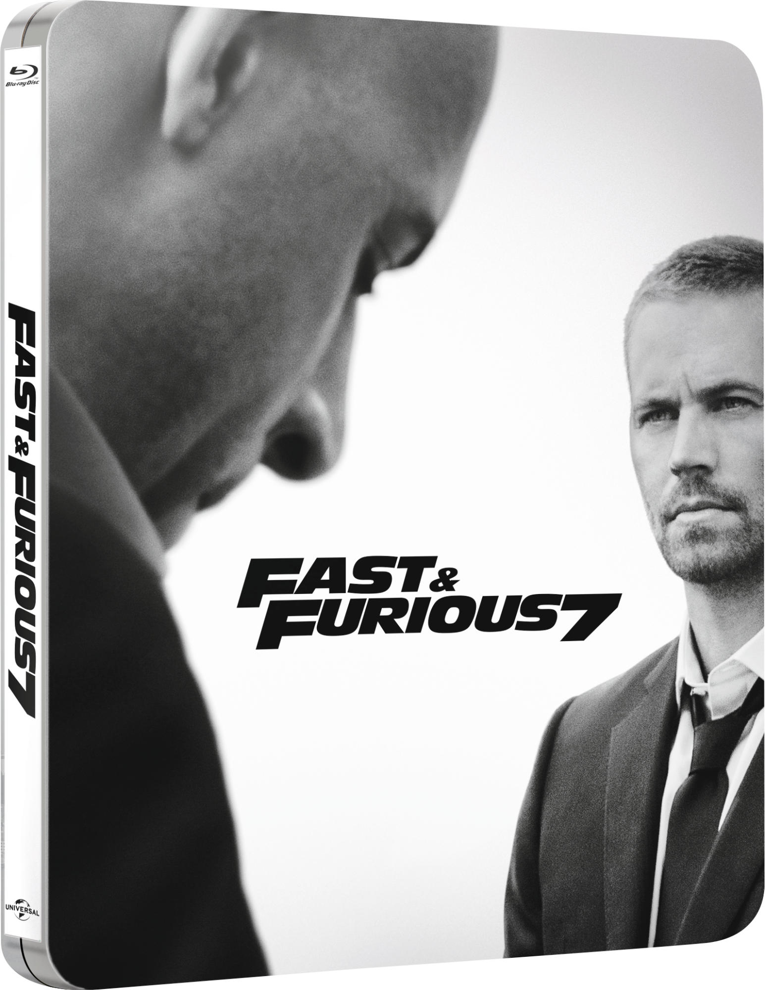 Een filmposter met twee mannen tegenover elkaar, de tekst 'Fast & Furious 7' staat in het midden.