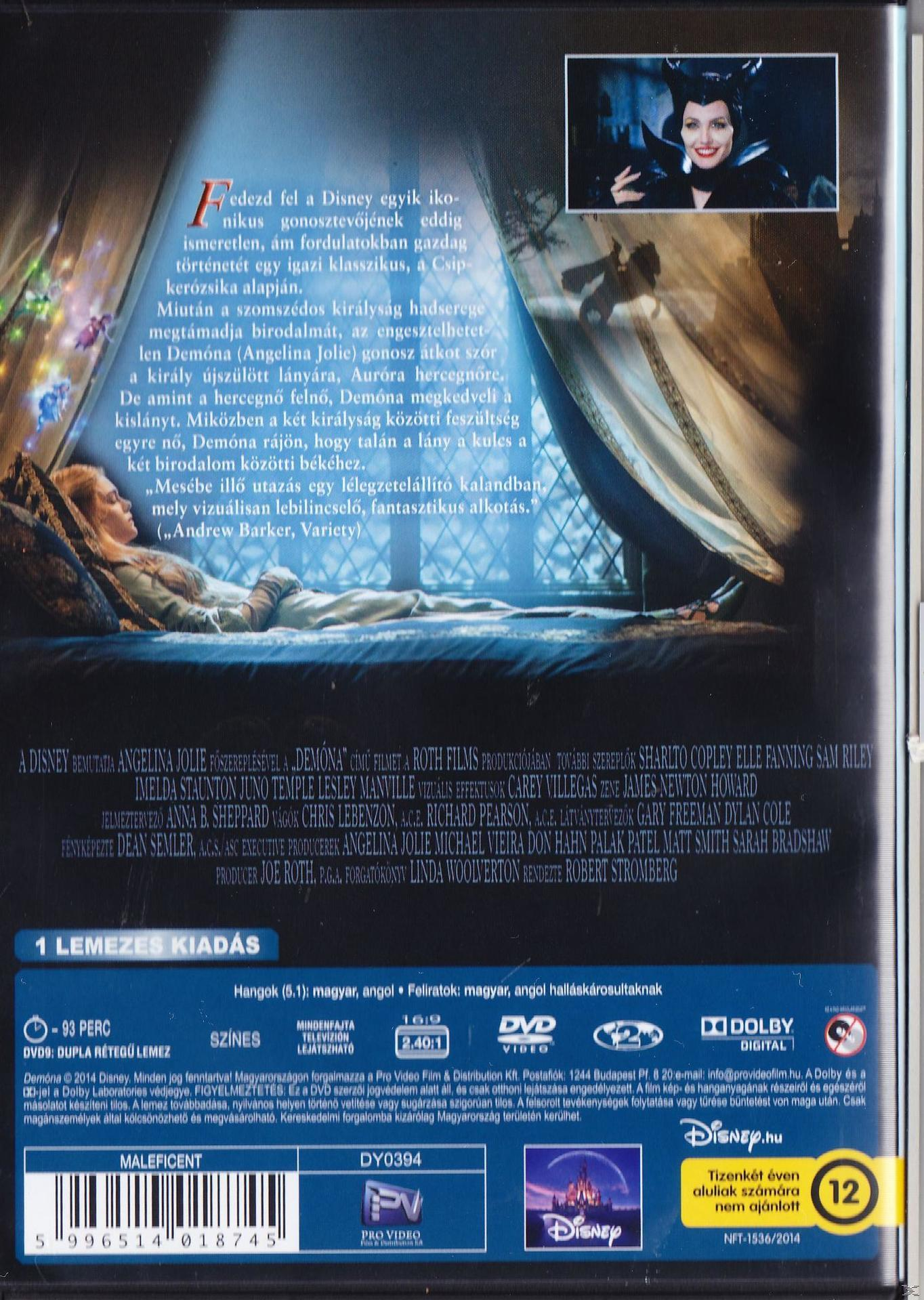 A Demóna DVD borítója. Angelina Jolie-t mutatja Demónaként, szöveggel és képekkel.