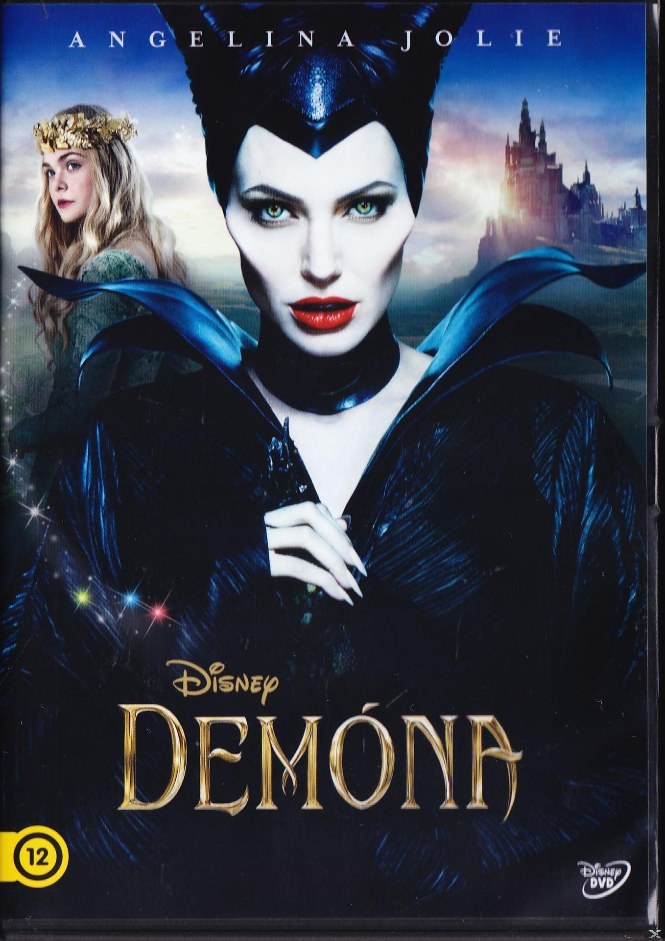 Filmplakát Angelina Jolie-val, mint Demóna, háttérben egy kastéllyal. A cím: Demona.