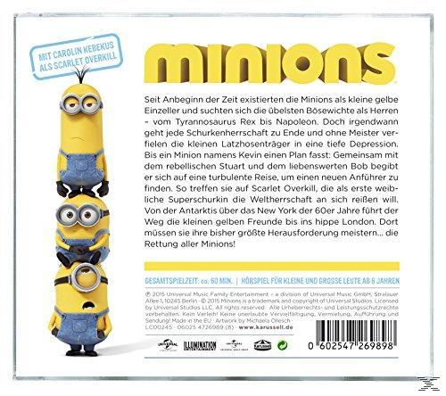 Rückseite der Minions DVD. Zeigt drei Minions, Text und einen Barcode. Gelbe und blaue Farben.