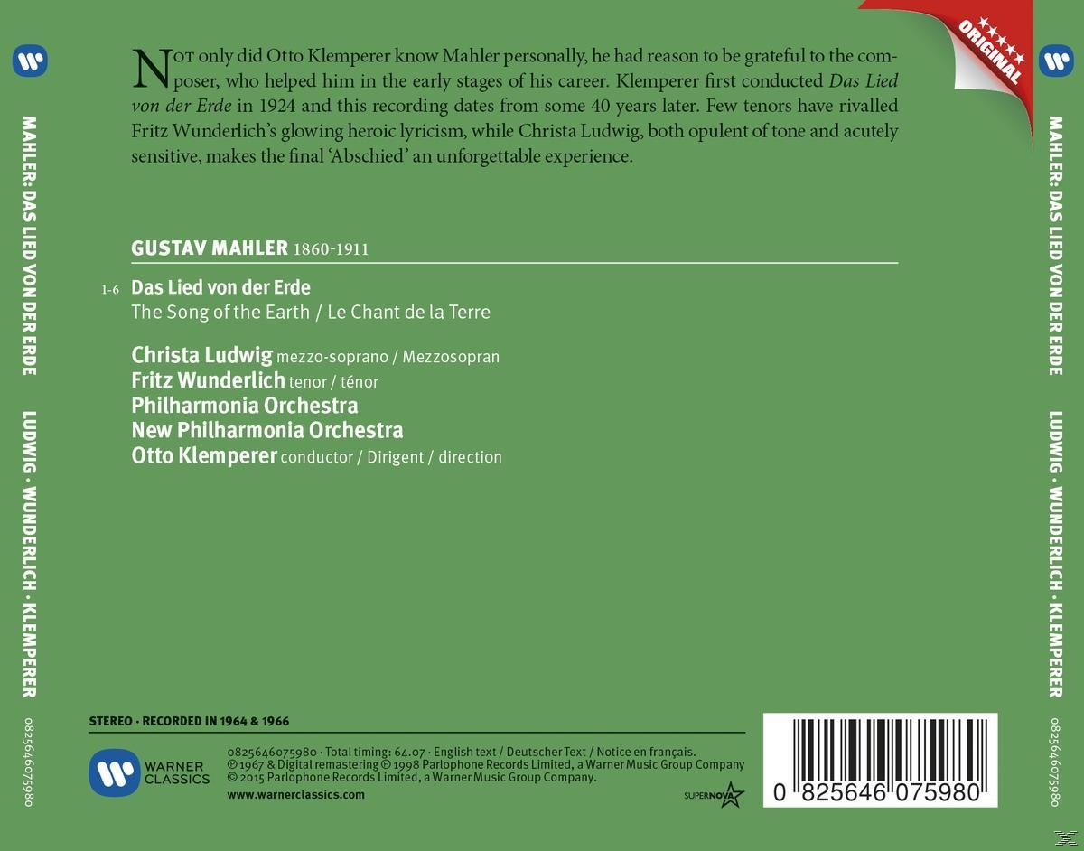 Rückseite einer CD-Hülle mit Text über Gustav Mahler, Christa Ludwig und Fritz Wunderlich, sowie Albumdetails.