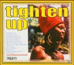 Albumcover mit dem Titel 'Tighten Up' mit einer Frau mit rotem Kopftuch. Das Cover hat einen gelben Rahmen.